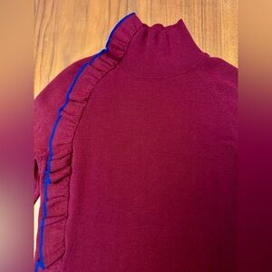 Victoria Beckham Burgundy Merino Wool Turtleneck, Blue Ruffle Detail size s
